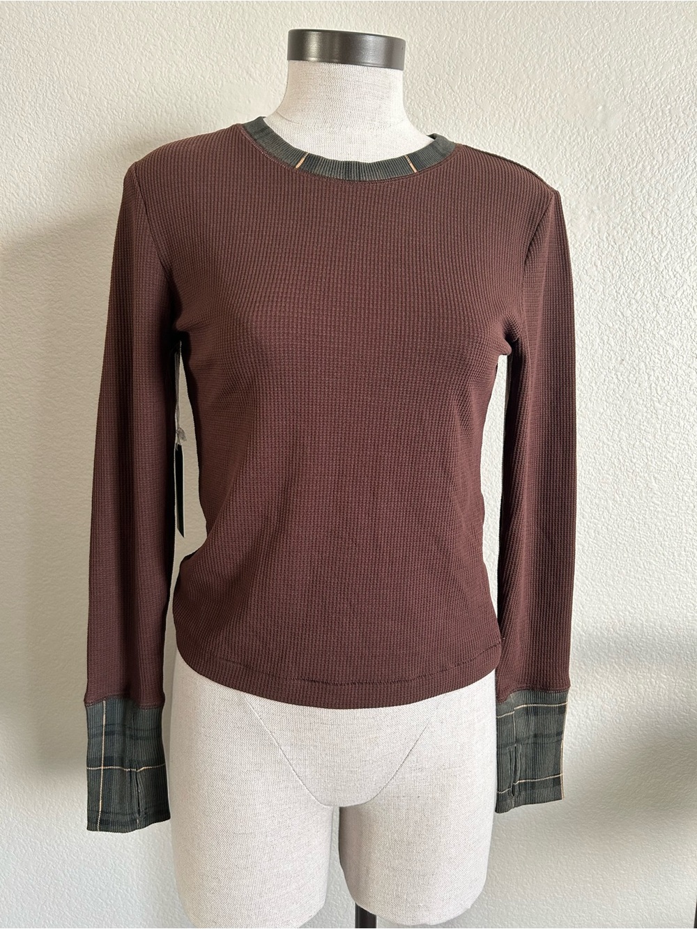 Dairy Boy Long Sleeve Thermal Top in Brown with Contrast Plaid Cuffs